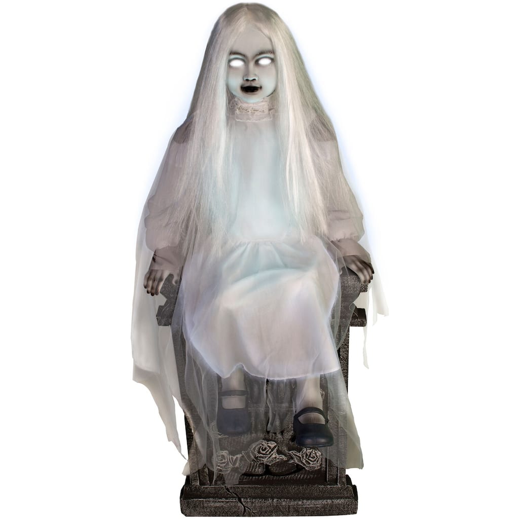 Haunted Hill Farm Darcy the Sitting Tombstone Girl by Tekky, Premium Talking Halloween Animatronic, Plug-In or Battery