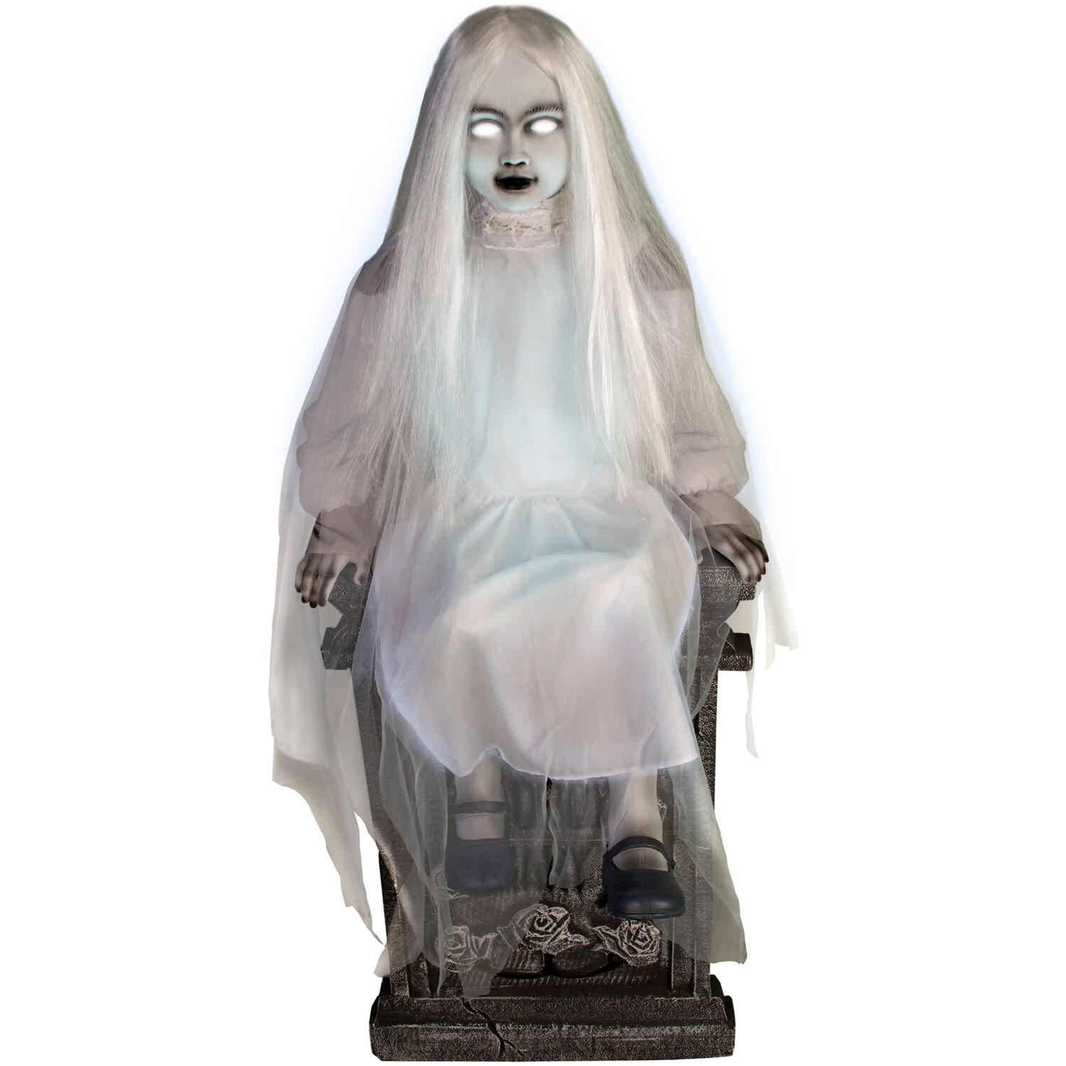 Haunted Hill Farm 4.0-Ft. Sitting Tombstone Girl by Tekky, Premium Talking Halloween Animatronic, Plug-In or Battery