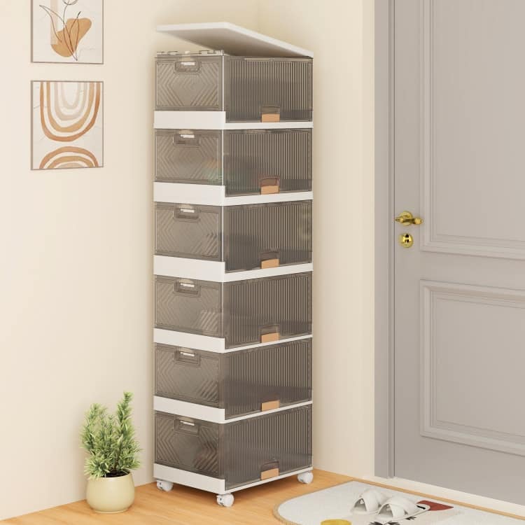 White-Brown PP and ABS Stackable Storage Bin with Wheels, Foldable Cubes