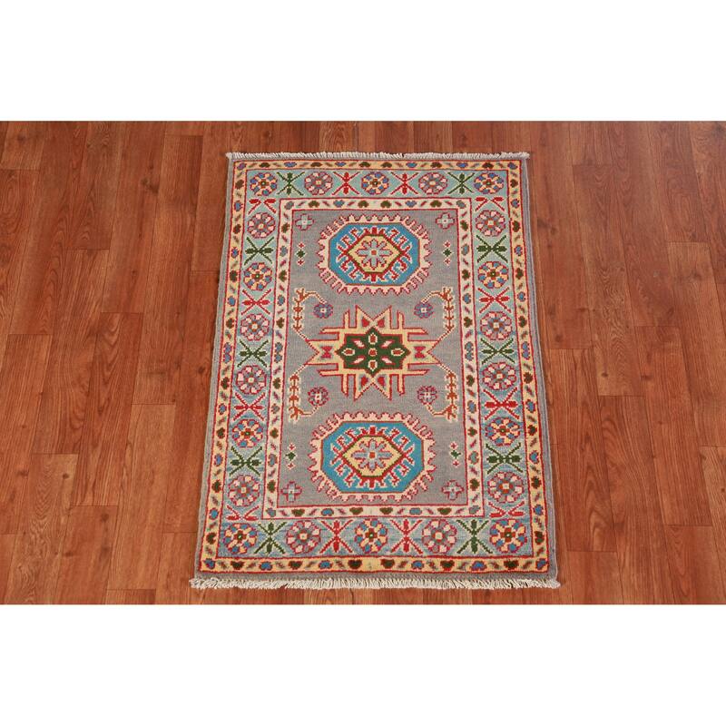 Gray Blue Geometric Kazak Oriental Foyer Rug Hand-Knotted Wool Carpet - 2'0"x 3'0"
