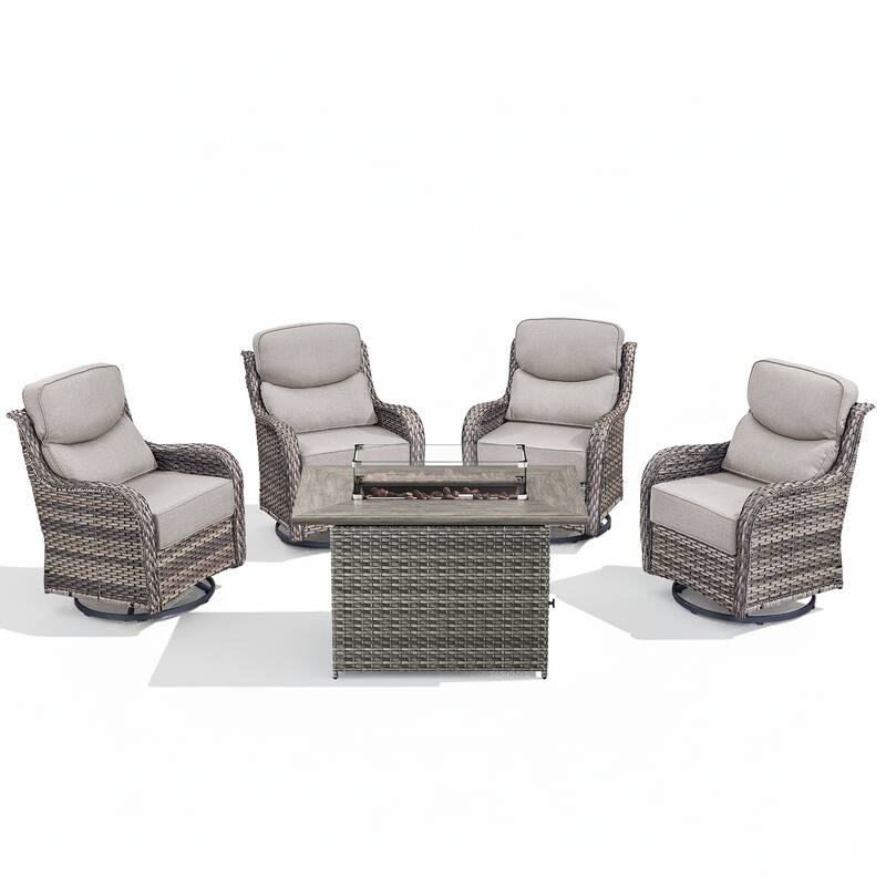 Arcadia 5-Piece Patio Conversation Set with 4 Swivel Glider Chairs and Wicker Fire Pit