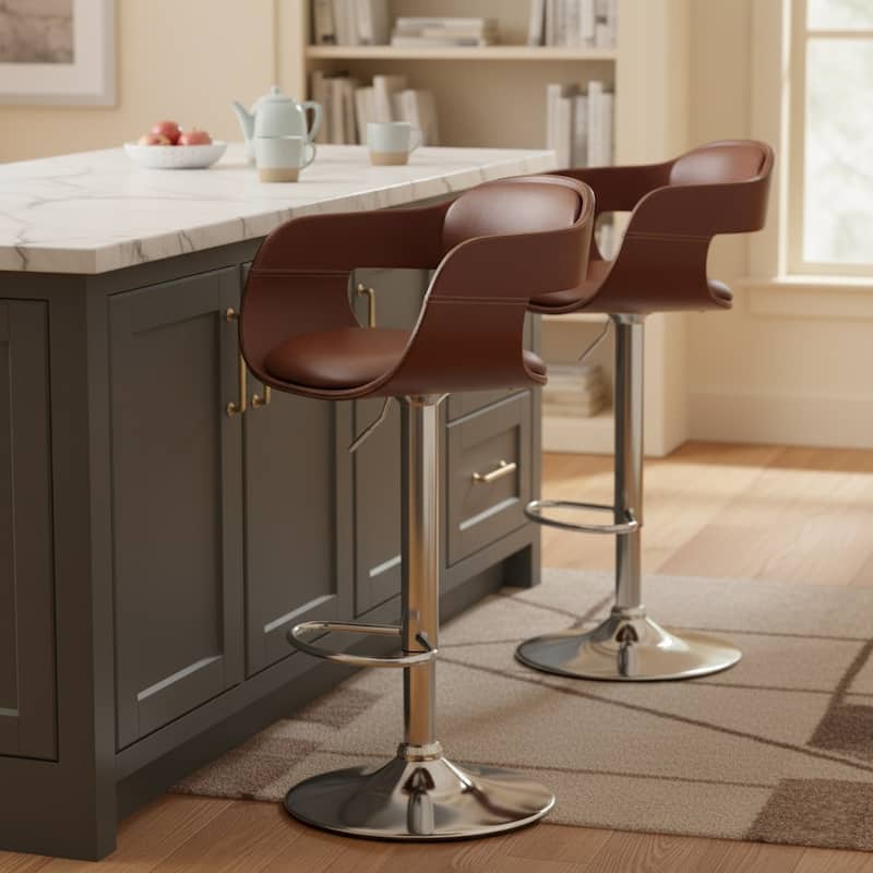 Mid Century Modern Brown Swivel Adjustable Wood/ Metal Barstool - Brown