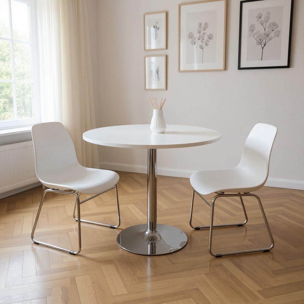 HomeRoots 36" White and Silver Wood and Metal Pedestal Base Round Top Dining Table - 35.50 in. x 30.00 in. x 35.50 in.