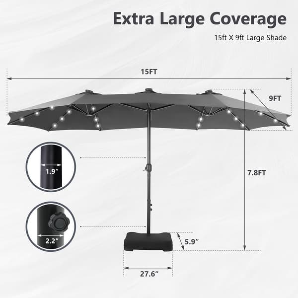 dimension image slide 10 of 15, MAISON ARTS 15-foot Rectangular Crank Double-sided Outdoor Market Umbrella Solar LED Lighted Patio Umbrella with Base Included
