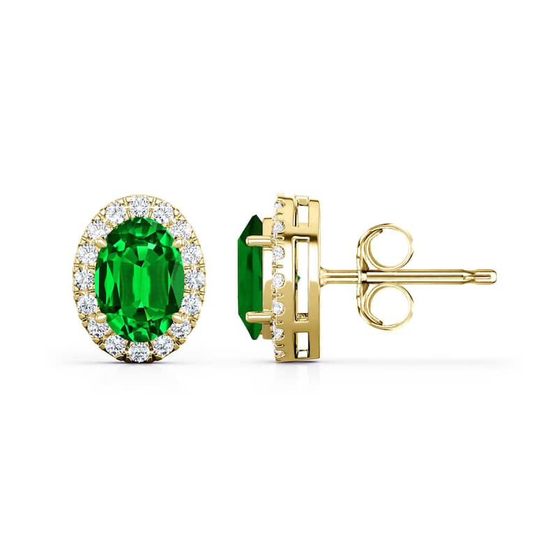 Auriya 14k Gold Lab Grown Gemstone Green Emerald Stud Earrings Oval 0.25 to 5.00 ct. tw. Halo Push-Back - 3.00ct tgw. - Yellow