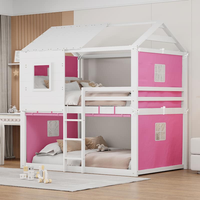 Full Size Bunk Bed with Playhouse Tent, Solid Pine Wood Frame and Window Design - Pink