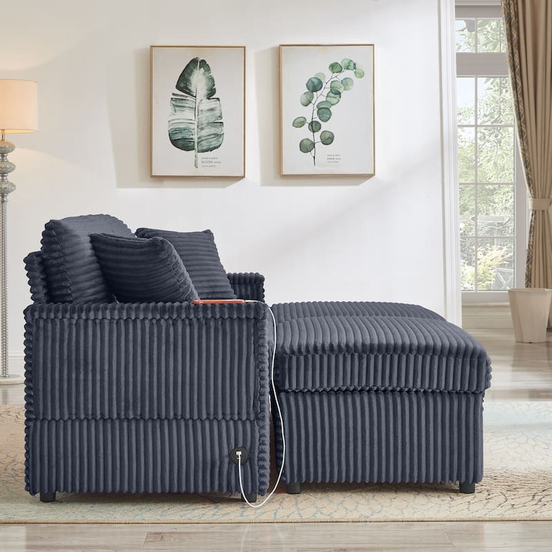 Modular Chaise Sleeper Sofa Bed, Corduroy Loveseat Couch & Storage Ottomans Set with Folding Table Boards and USB Ports