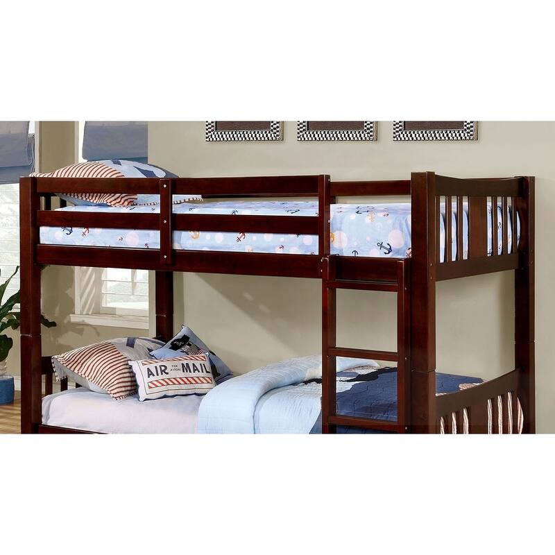 Twin Over Twin Transitional Bunk Bed with Attached Ladder, Dark Walnut Finish
