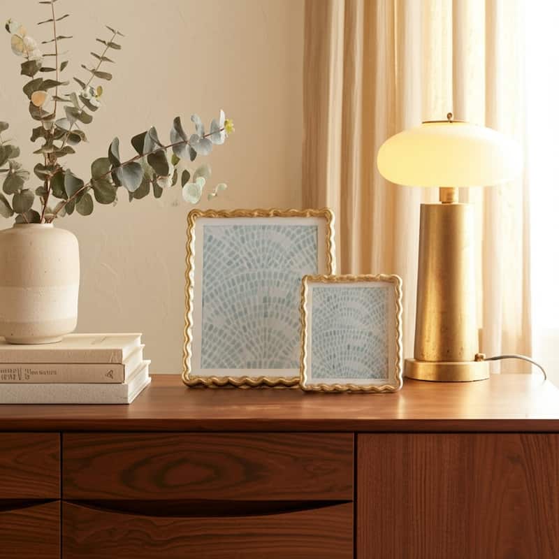 Metal Wood Picture Frame Glass Fronts Wavy Edge Design Glam Boho - 10" x 0.75" x 11.75"