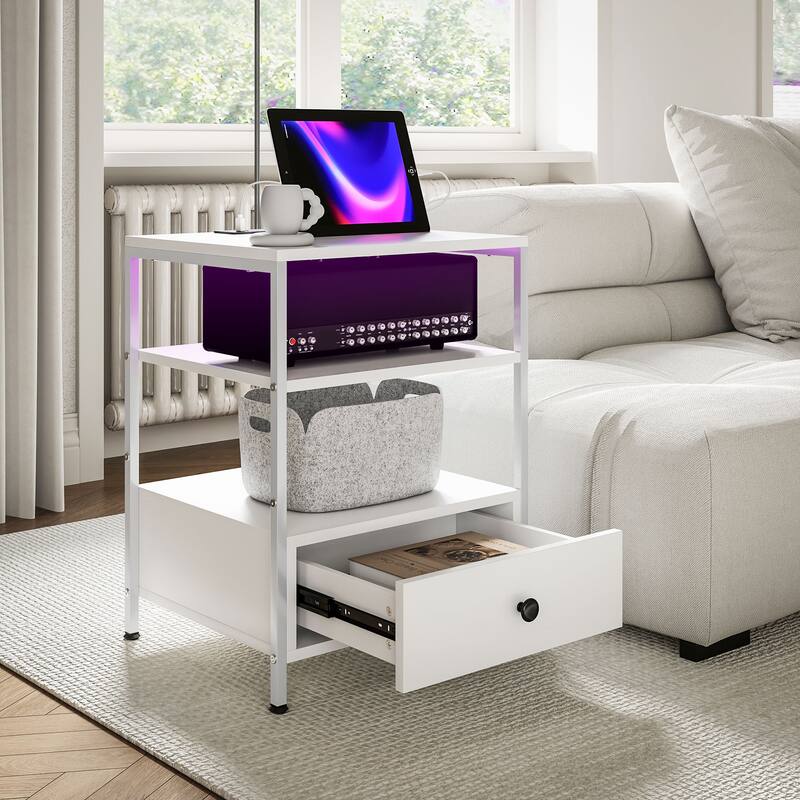 Set of 2 End Tables with Charging Stations and LED Lights, 3-Tier Side Tables with USB Ports and Outlets