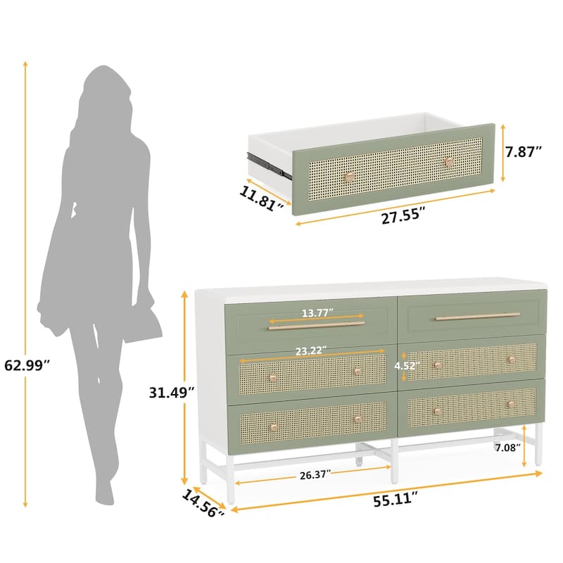 Modern Rattan Dresser 6 Drawer Dressers Chests of Drawers for Bedroom