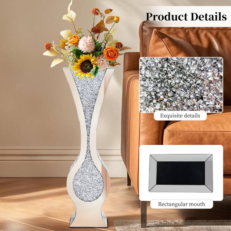 Silver 27" Tall Mirrored Vase Crushed Diamond Floor Vase Pampas Faux Flower Vase Glam Decor