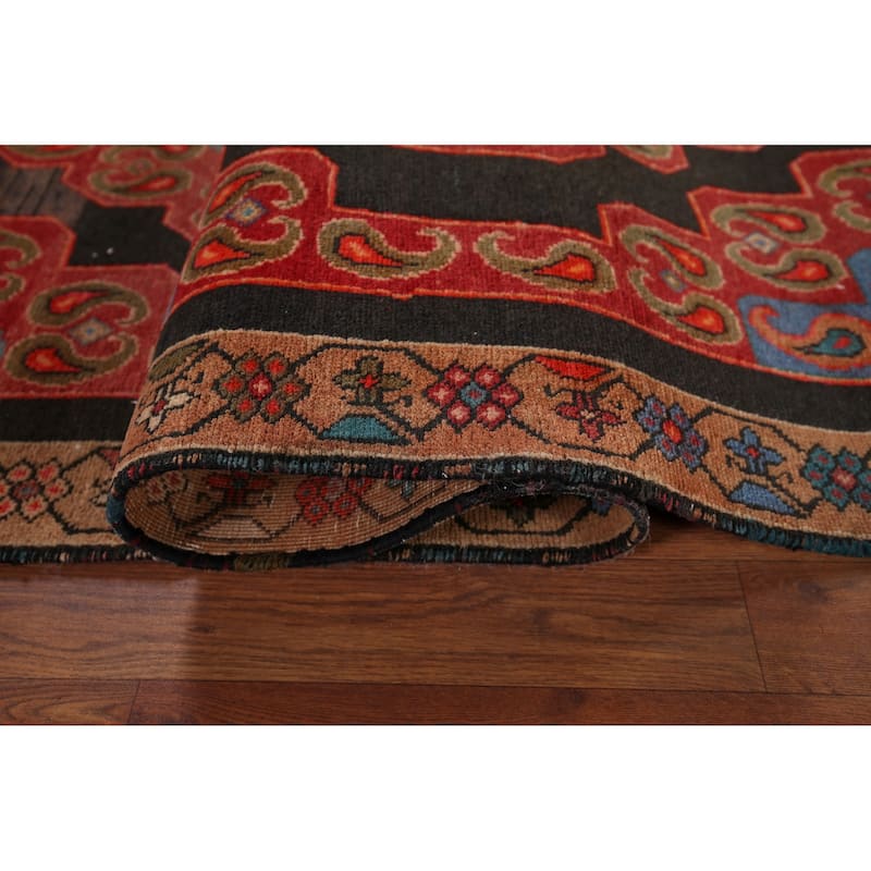Black & Red Hamedan Persian Vintage Runner Rug Handmade Wool Carpet - 3'9" x 9'4"