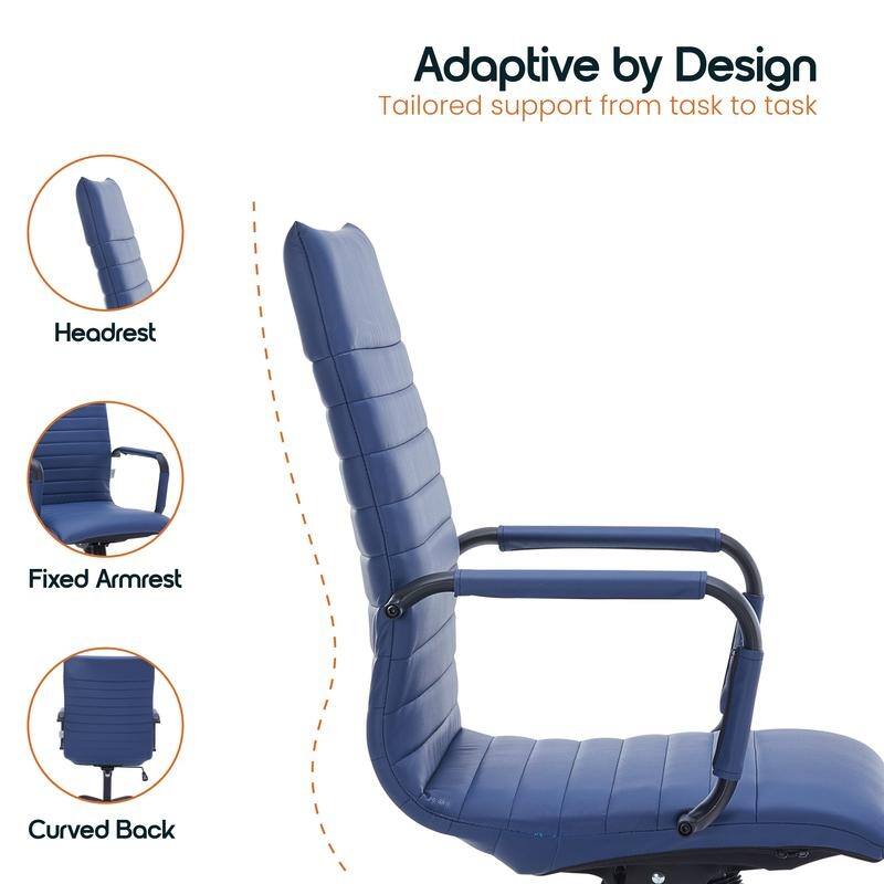 Harris Ribbed Leather Adjustable High-Back Desk Computer Swivel Office Chair in Black Metal Frame for Home Conference