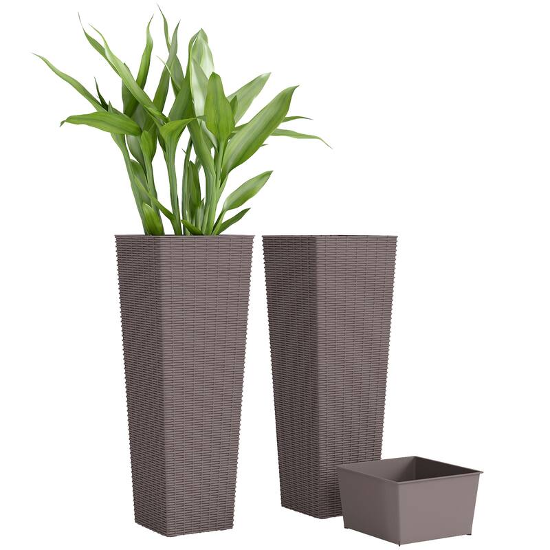 Outsunny 32 Inch Tall Planters for Outdoor Plants, Set of 2 Plastic Rattan-Like Flower Pots with Drainage Holes