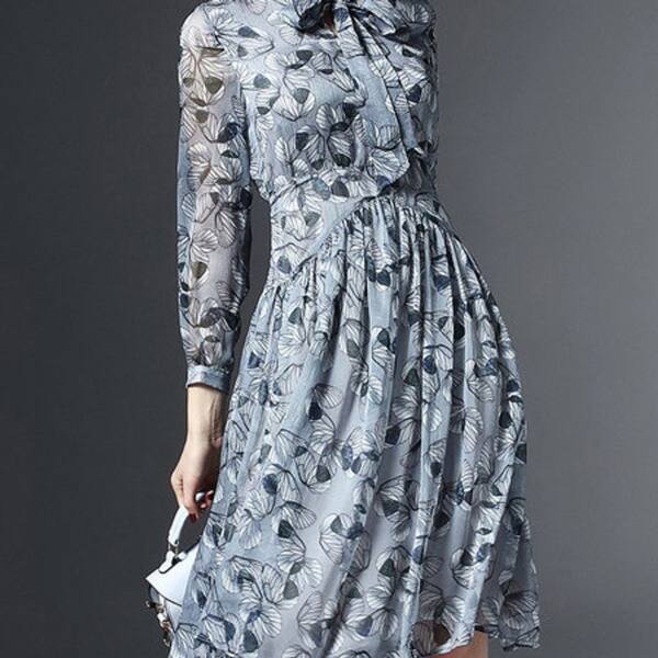 Shop Light Blue Floral 3 4 Sleeve Chiffon V Neck Midi Dress