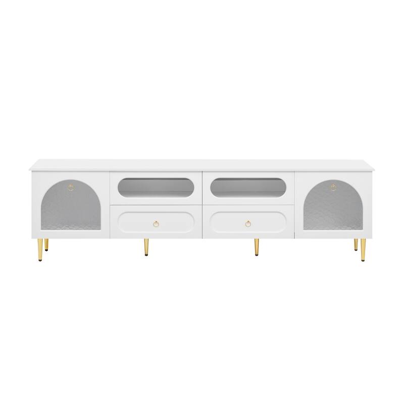 Retro-Style TV Stand, for TVs up to 85 Inches with 2 Cabinets, 4 Drawers and Anti-Tipping Device, for Living Rooms, White