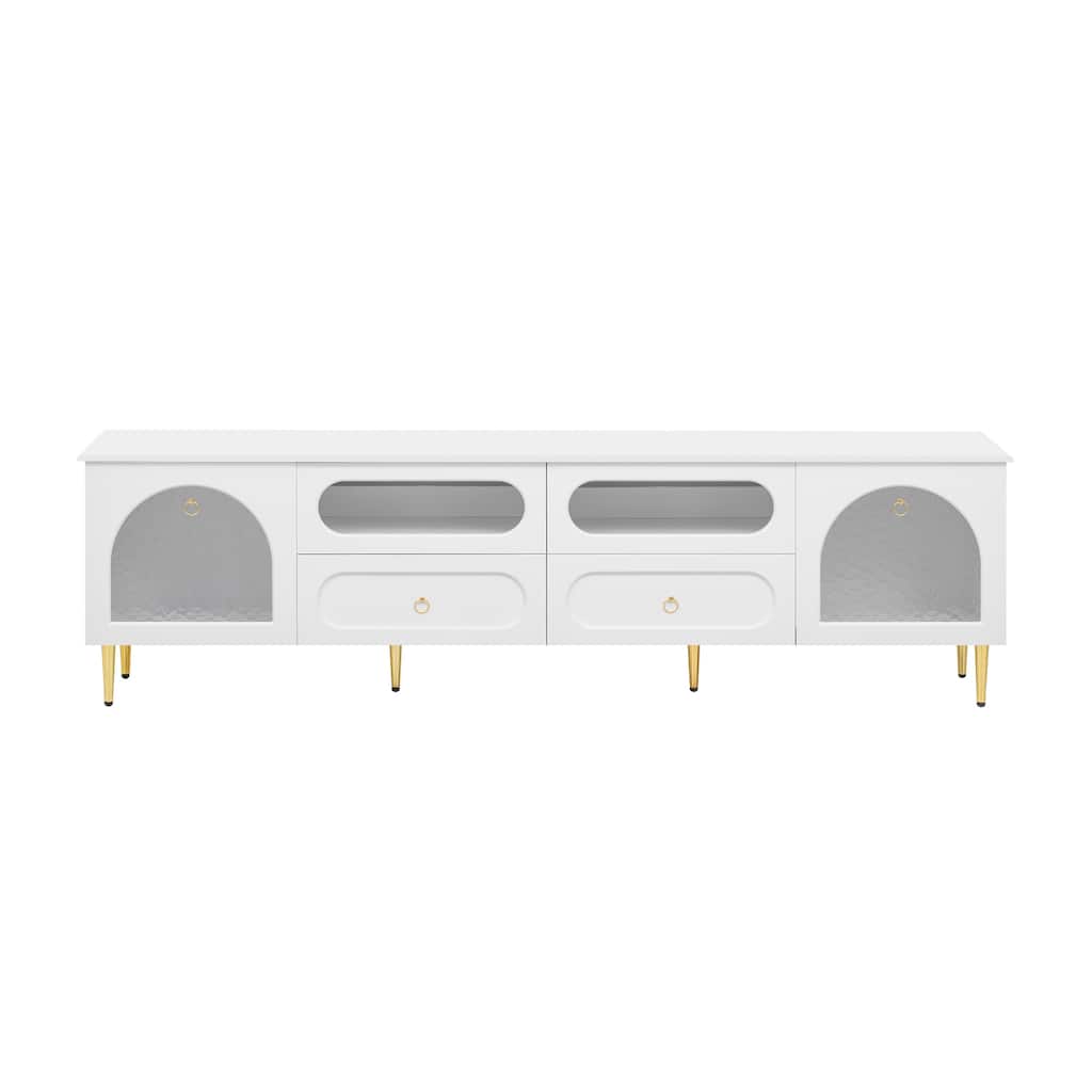 Retro TV Stand for TV up to 85 Inches with 2 Cabinets, 4 Drawers & Metal Legs - 78.8" D x 15.8" W x 22.4" H