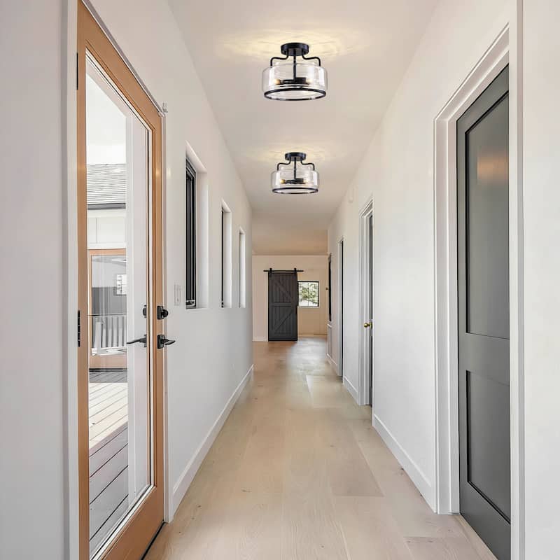 Starsky 3-Light Farmhouse Clear Glass Drum Flush Mount - Black