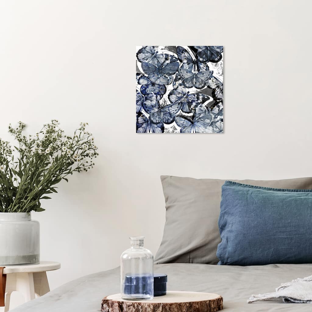 Wynwood Studio Canvas Animals Butterfly Lovers Blue Silver Blue and Dark Blue Farmhouse Wall Art Canvas Print
