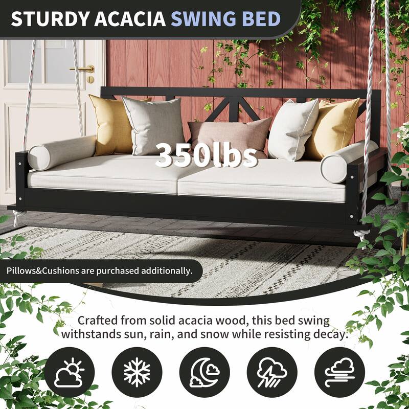 Twin Size Patio Swing Bed Modern Porch Swing Hanging Bed Frame with 16.4ft Hemp Ropes