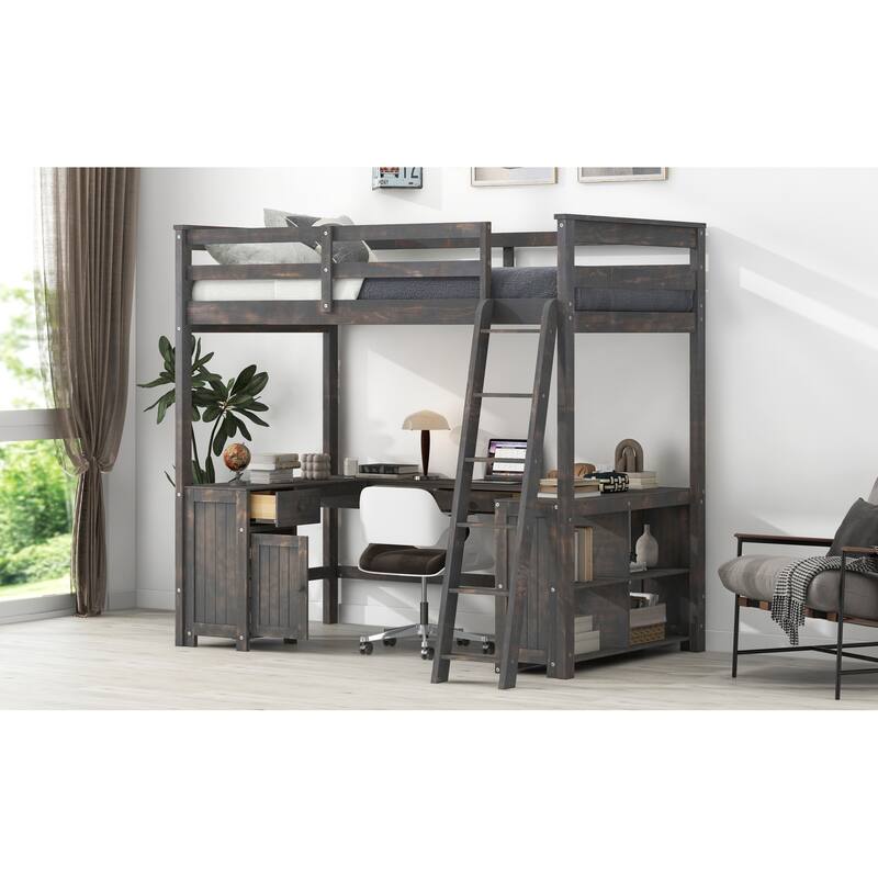 Roomfitters Full Size Wood Loft Bed with U-Shaped Desk, Drawers and Storage Shelves, Antique Brown