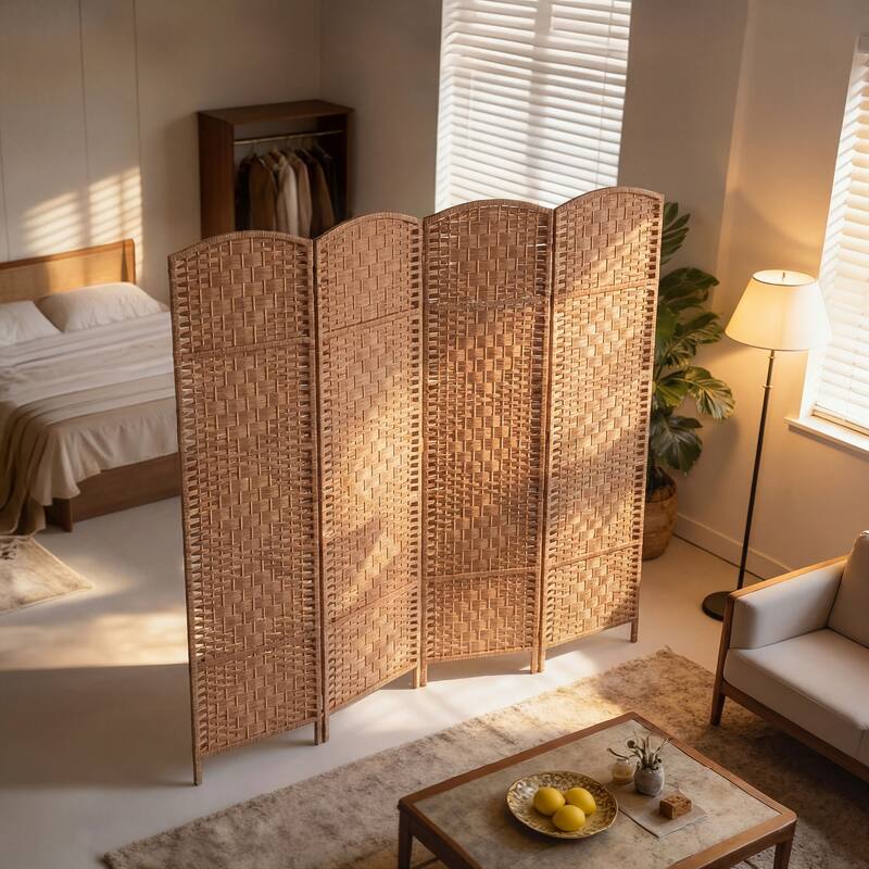 HomCom 6' Tall Wicker Weave Four Panel Room Divider Privacy Screen - Natural Blonde Wood