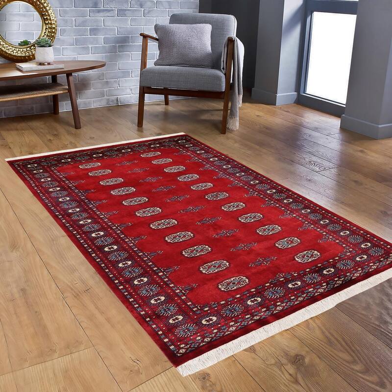 Southwestern Bokhara Conner Red Blue Hand Knotted Rug - 4'1'' x 6'0''