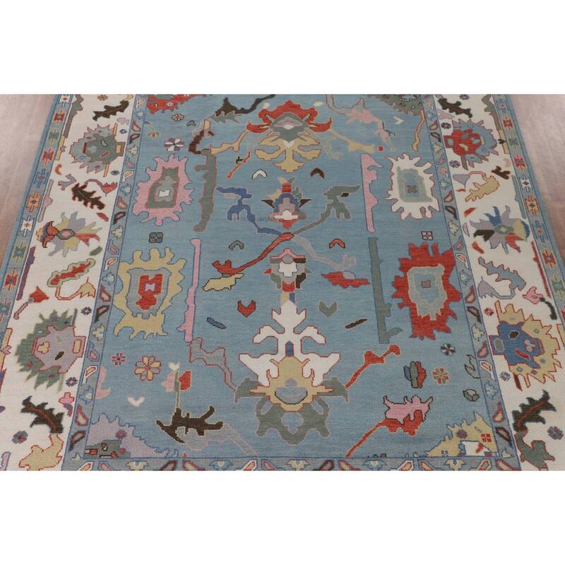 Light Blue Oushak Oriental Area Rug Hand-Knotted Wool Carpet - 9'1" x 11'10"
