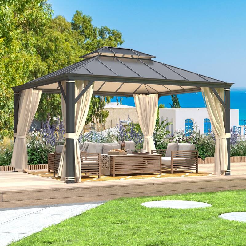 Waterproof Aluminum Gazebo w/ Double Roof & Netting - Patio, Garden Pergola - 12' x 14' - Double Roof