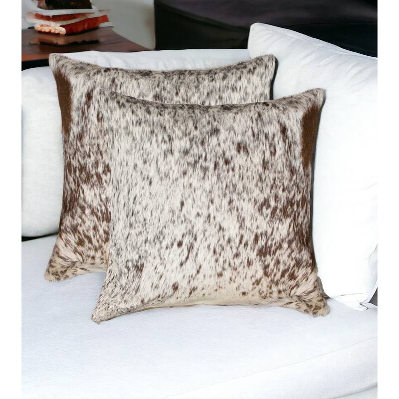 Set of Two 18" Brown and White Cowhide Throw Pillows - White/Brown