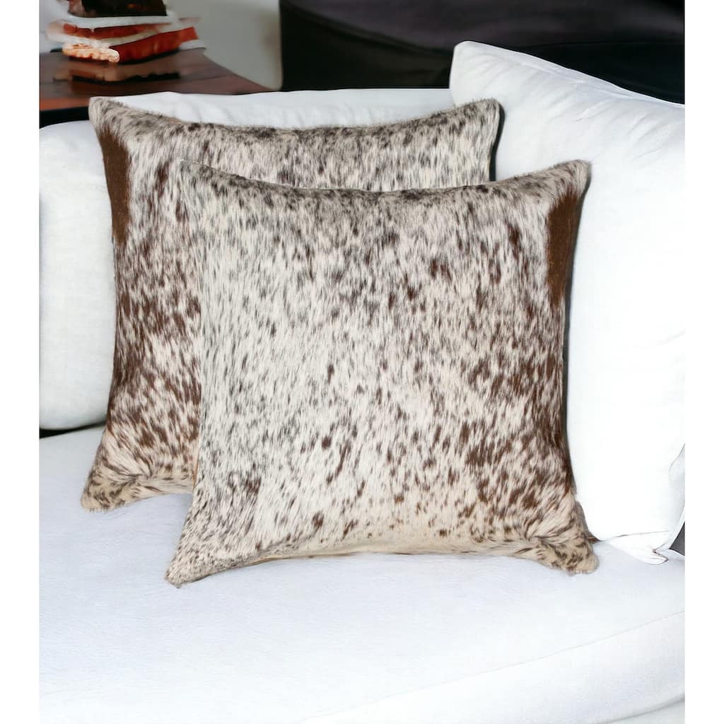 Set of Two 18" Brown and White Cowhide Throw Pillows