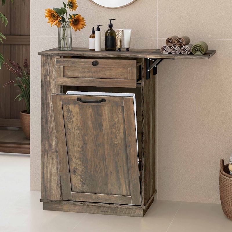Hidden Trash Can Cabinet Tilt Out Trash Bin Cabinet With Drawer - Brown