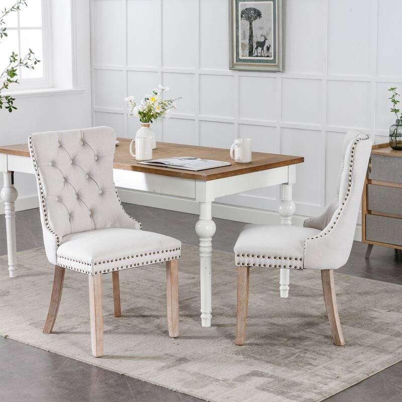 Tufted Upholstered Linen Dining Chair with Solid Wood Legs, Set of 2 - Beige