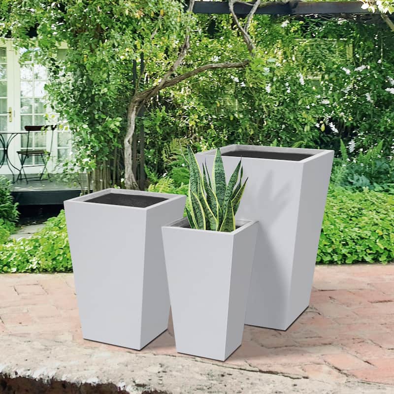 Plantara 24", 18" & 16" H Taper Shape Solid White Concrete planter, Modern Garden Plant pot, plug for Outdoor