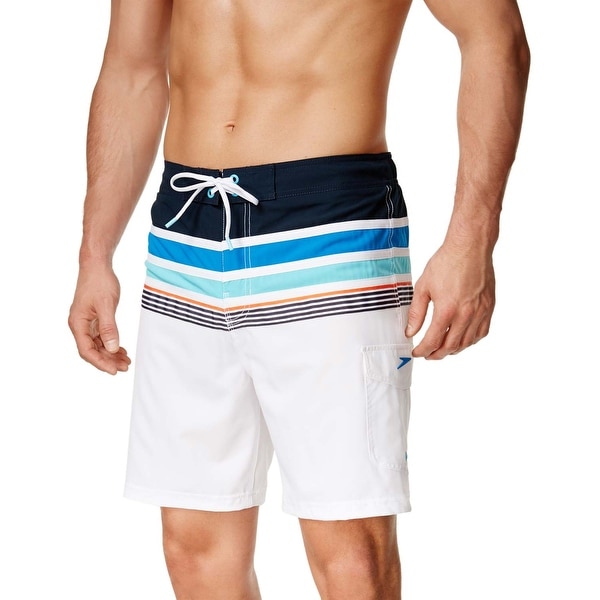 Speedo Stretch Swim Trunks Large L White Striped 7 Inseam