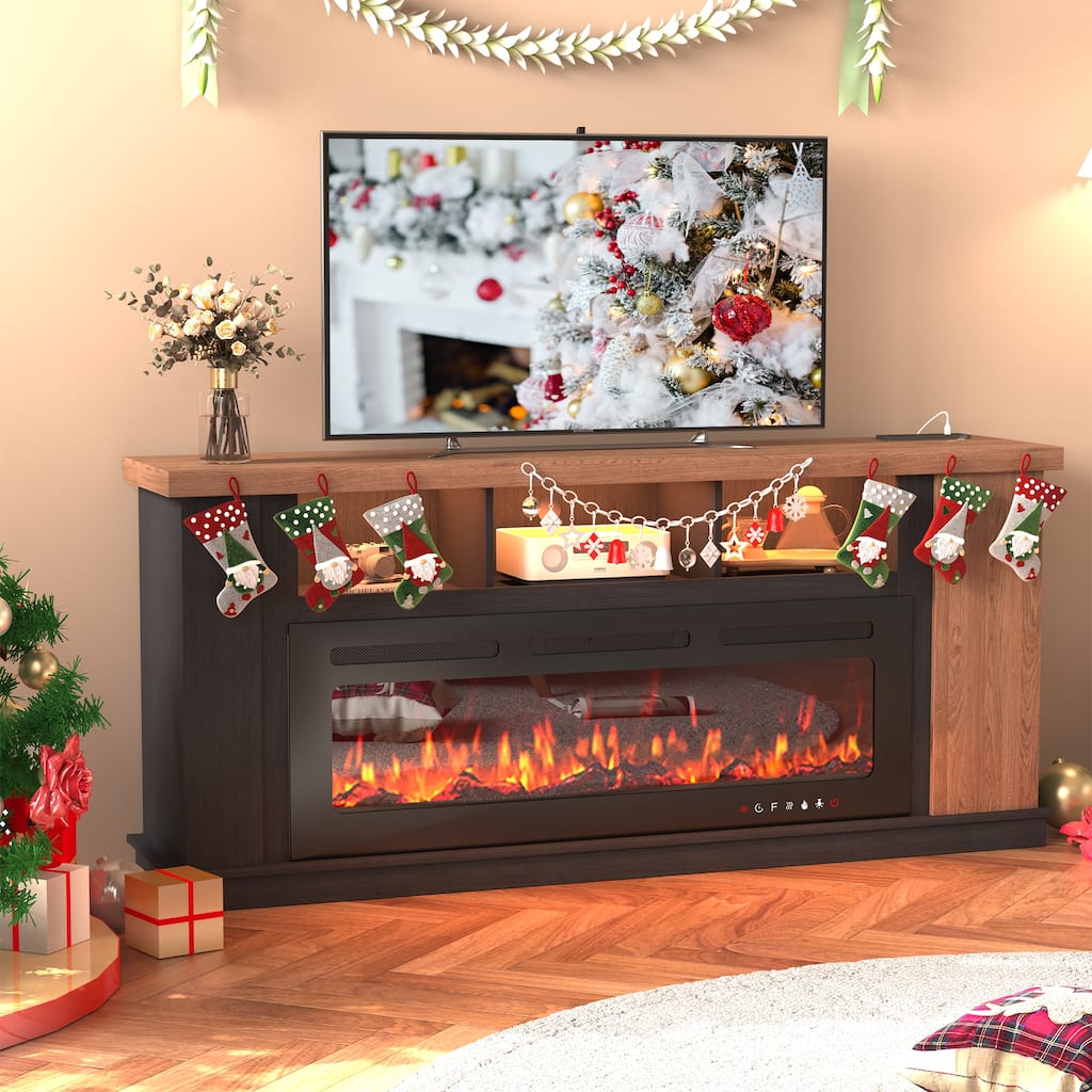 70" Traditional TV Stand with 50" Electric Fireplace, Light Strips, Sockets, Open Shelves, and Cabinets for TVs up to 80