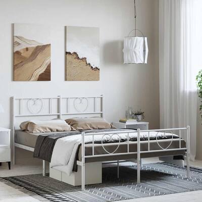 vidaXL Full Metal Bed Frame with Headboard, White, No Mattress - 77.2" x 55.9" x 35.4"