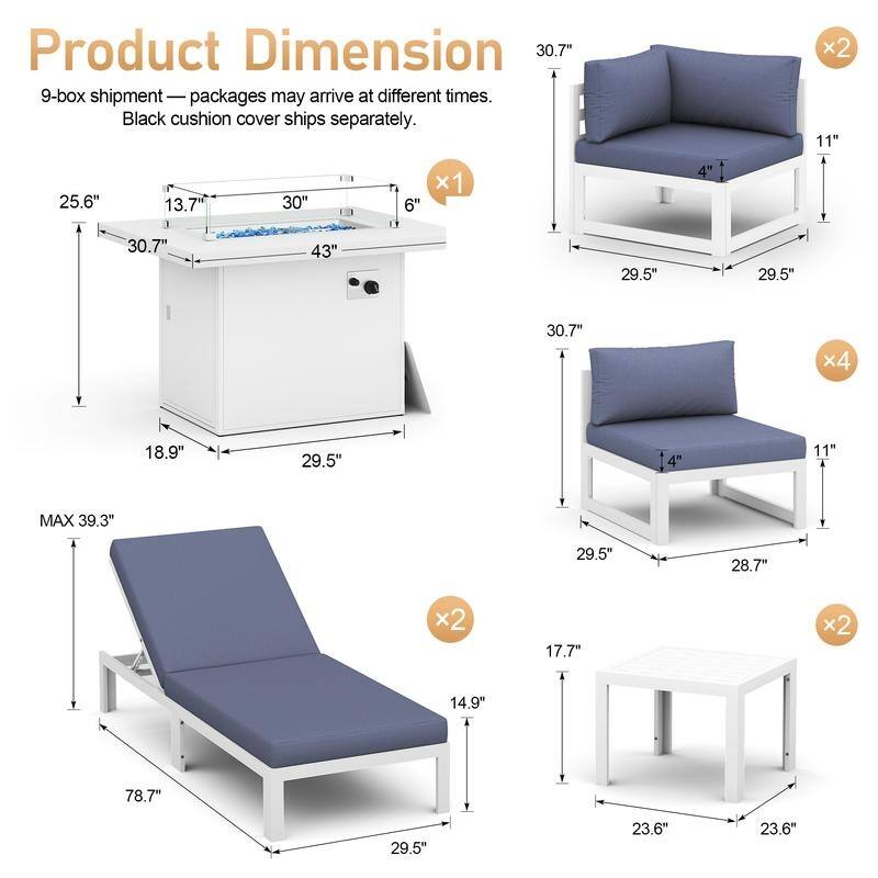 11-Piece Luxury Aluminum Outdoor Furniture Set with Chaise Lounge & Fire Pit Table, 29" Deep Seating Aluminum Patio Sectional