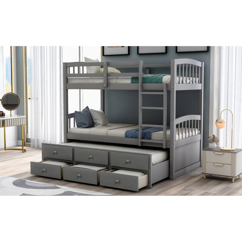 Bunk Bed with Ladder, Safety Rail, Trundle Bed with 3 Drawers