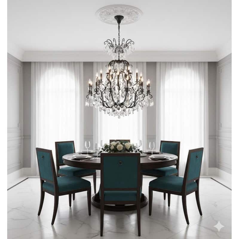 24-Light Matte Black Chandelier With Clear Hanging Crystals