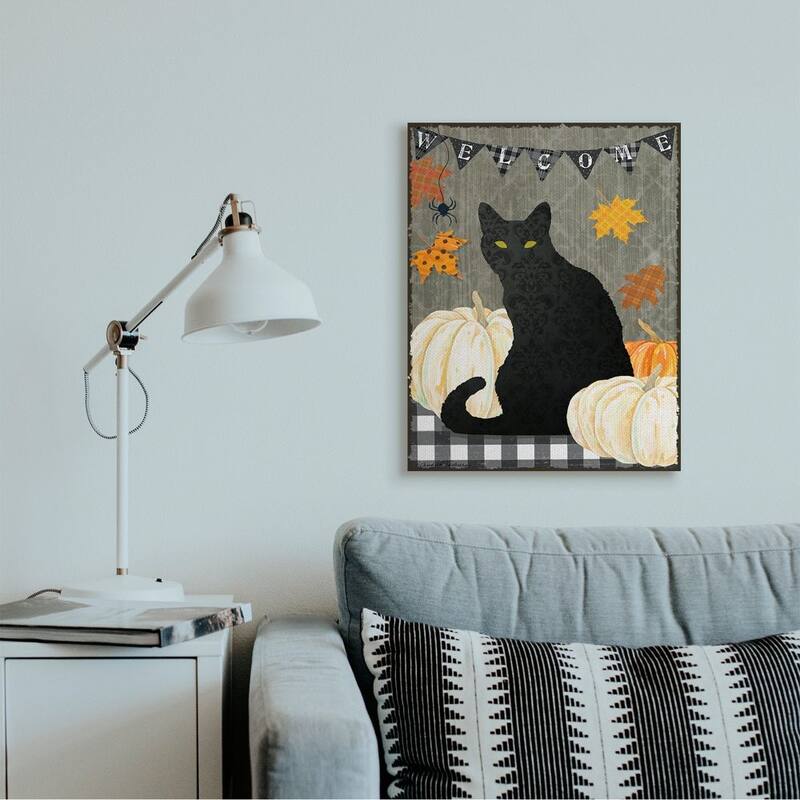 Stupell Halloween Black Cat Welcome Sign Autumn Farmhouse Charm Canvas Wall Art