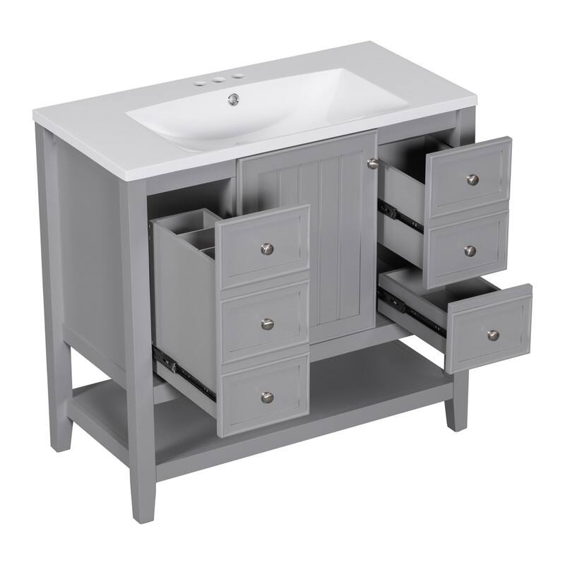 36" Bathroom Vanity with Ceramic Sink，Freestanding Bathroom Vanity Cabinet with 1 Door, 3 Storage Drawers and Adjustable Shelf