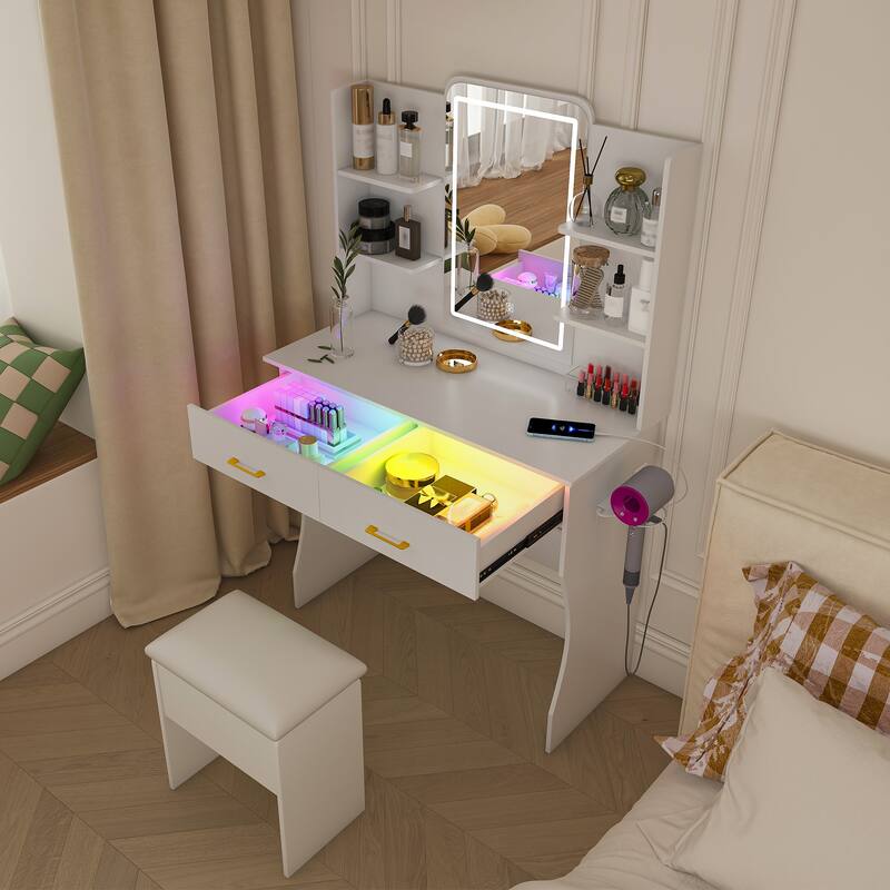 Small Vanity Desk with LED Lights Mirror & Power Outlet,Vanity Table Set with Drawers & Chair, 3 Lighting Modes