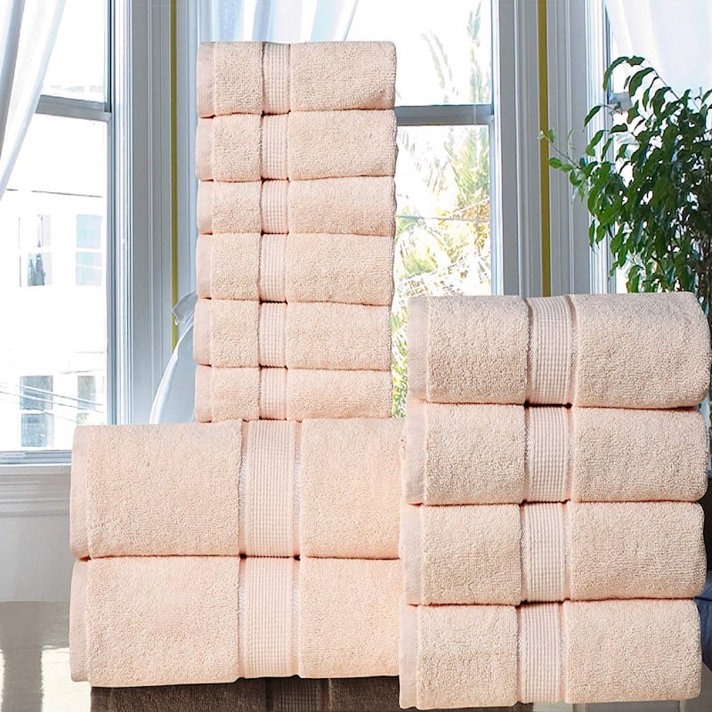 12 Piece Towel Set 600 GSM Long-Staple Combed Cotton Absorbent Bath Towels - Beige
