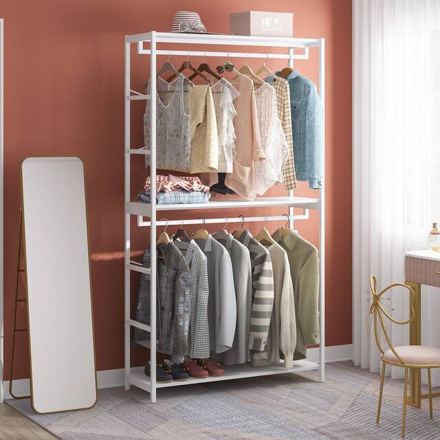 Extra tall 47 inches Double Rod Closet Shelf Freestanding 3 Shelves Clothes Clothing Garment Racks