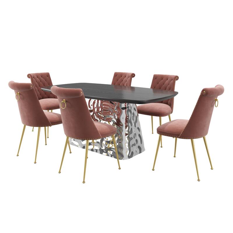 7-Piece Clihome Modern Stainless Steel Table Velvet Chair Dining Set