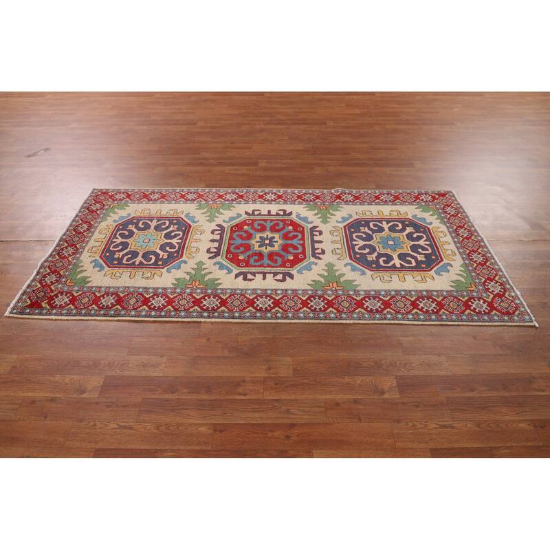 Beige Kazak Runner Rug Hand-Knotted Wool Carpet - 3'3" x 6'10"
