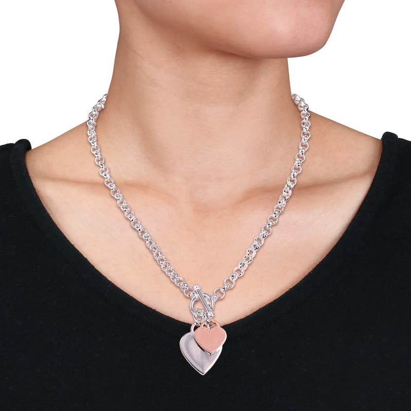 Miadora 2-Tone White and Rose Plated Sterling Silver Heart Charm Necklace and Bracelet 2-Pc Set