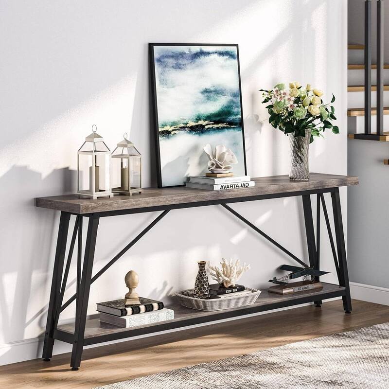 Heavy Duty 70-inch Industrial Brown Wood Top Sofa Table with White Metal Frame